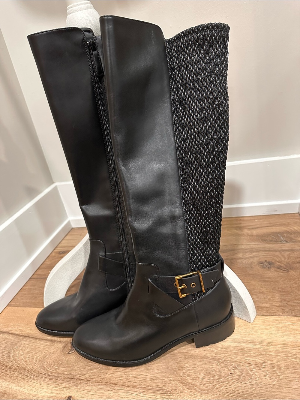 Cole Haan Black Over-the-Knee Leather Boots with Gold Buckle Detail